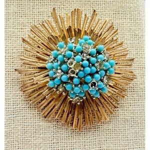 Vintage Marboux Marcel Boucher #2063 Turquoise Rhinestone Sunburst Brooch 2"